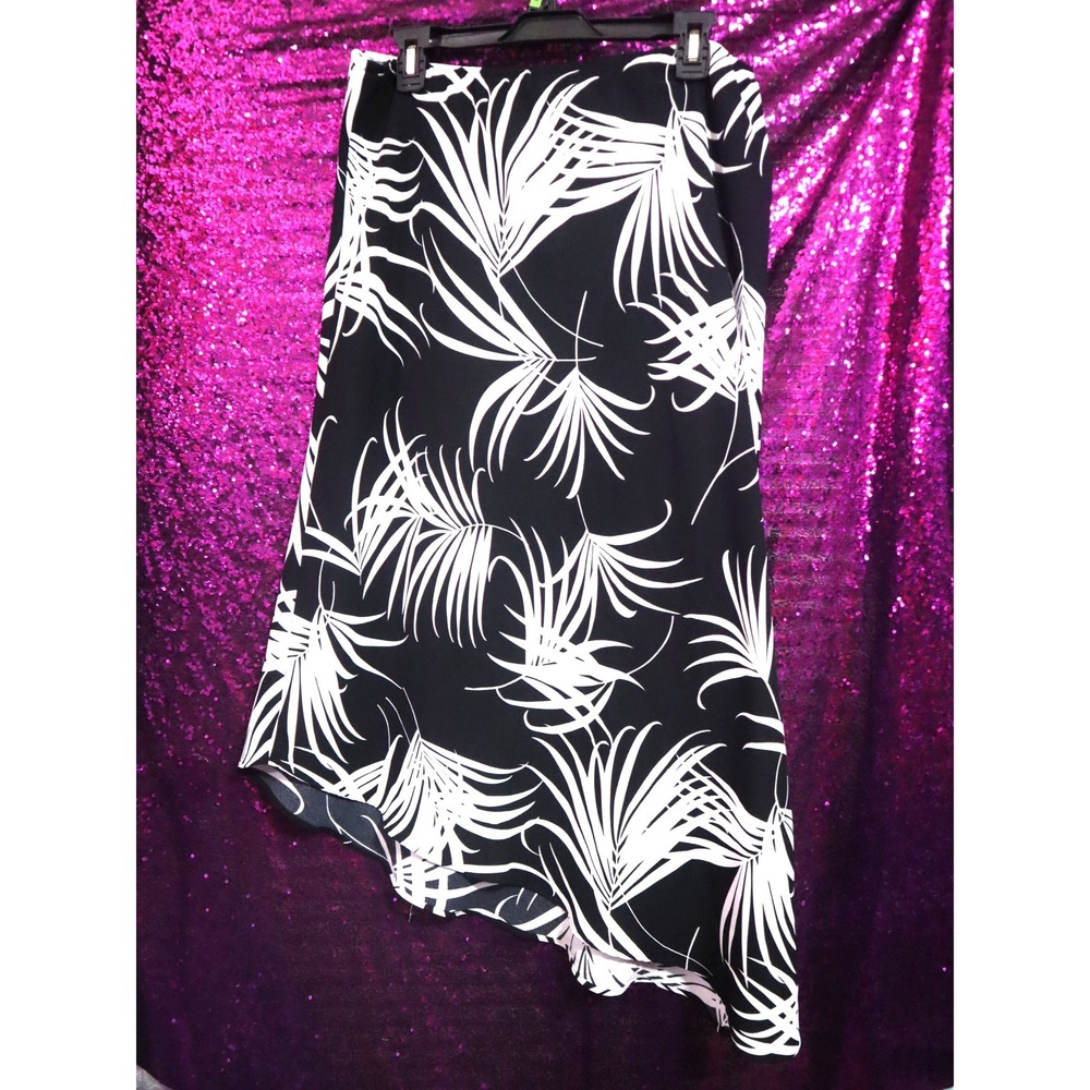 Black White Palm Print Skirt 16 Womens Asym Tropical Midi Corp Goth Beach Y2K